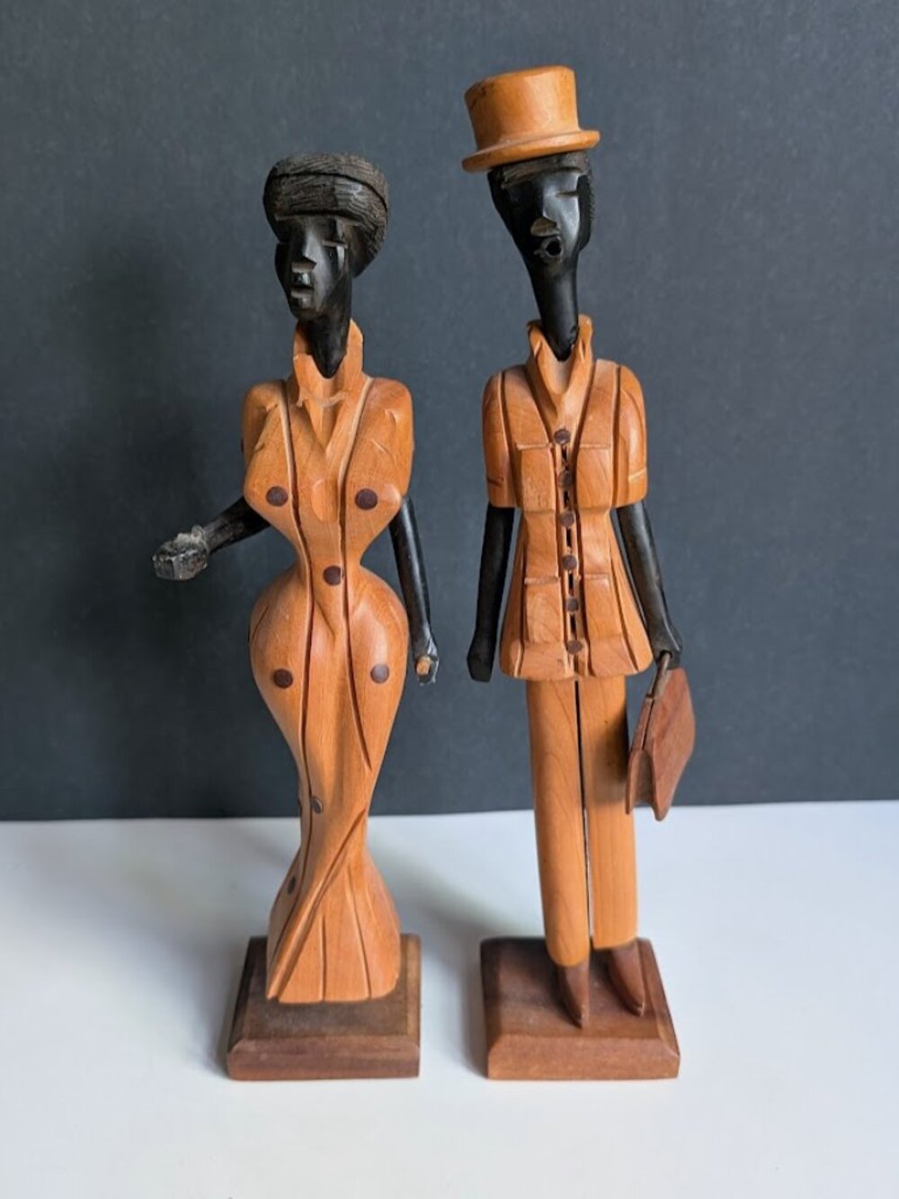 Vtg Folk Art Hand Carved Man and Woman in town Articulated Hand Teak wood